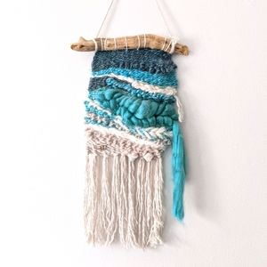 Woven wall hanging blue natural boho knitted